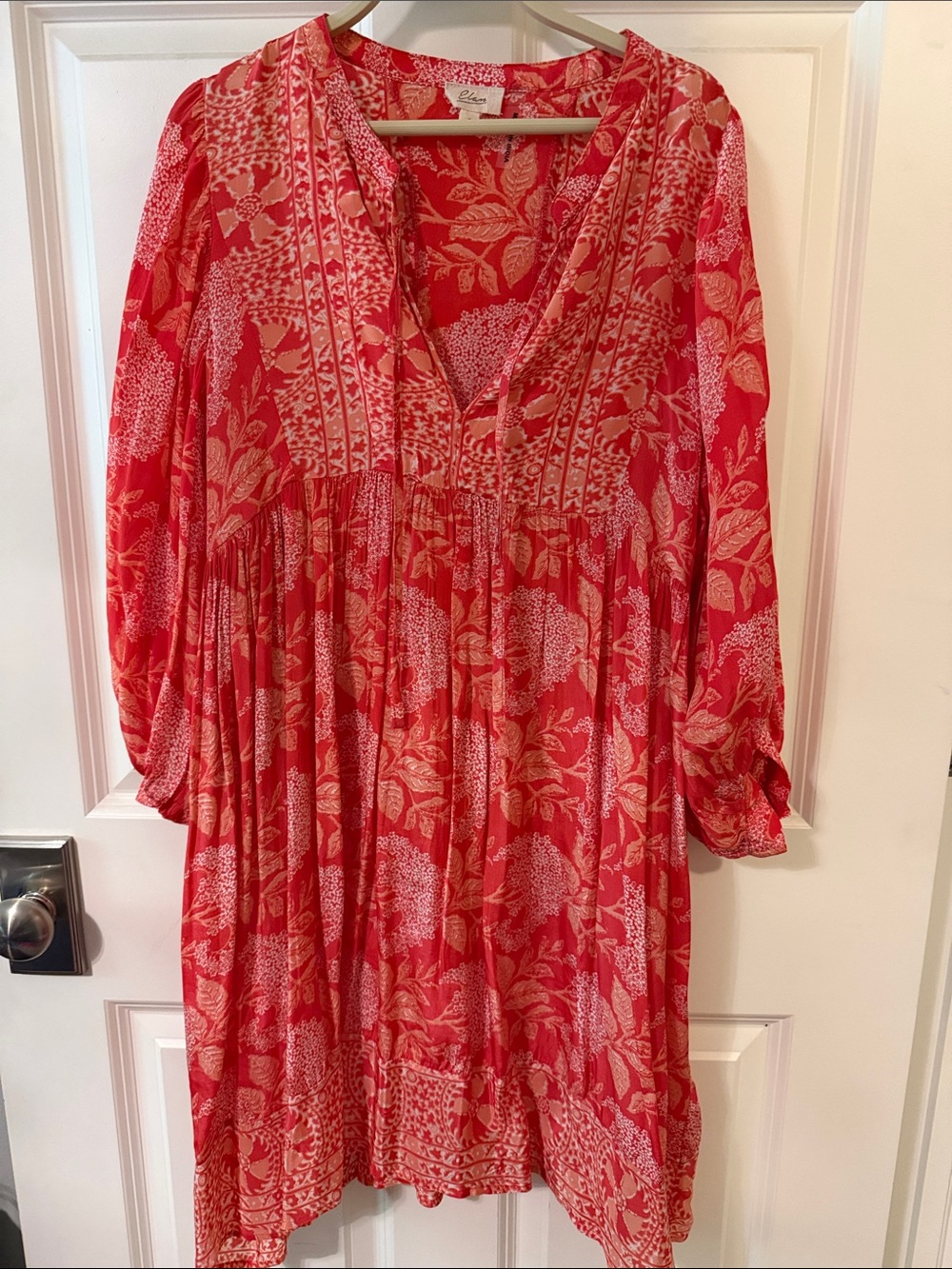 Elan Coral-Red Floral Long Sleeve Tunic Dress